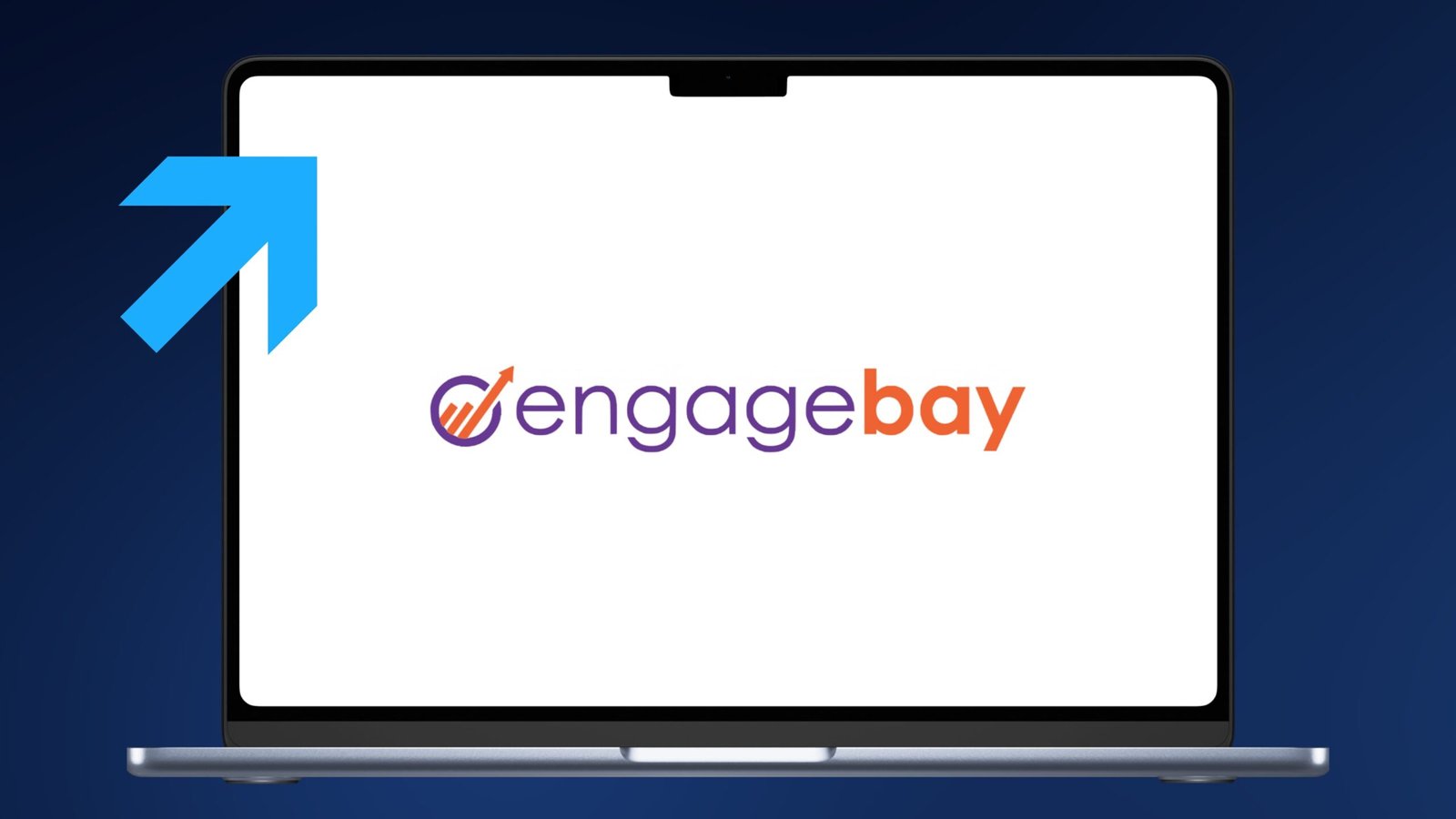 Logo von EngageBay auf dunkelblauem Hintergrund mit Screenshot