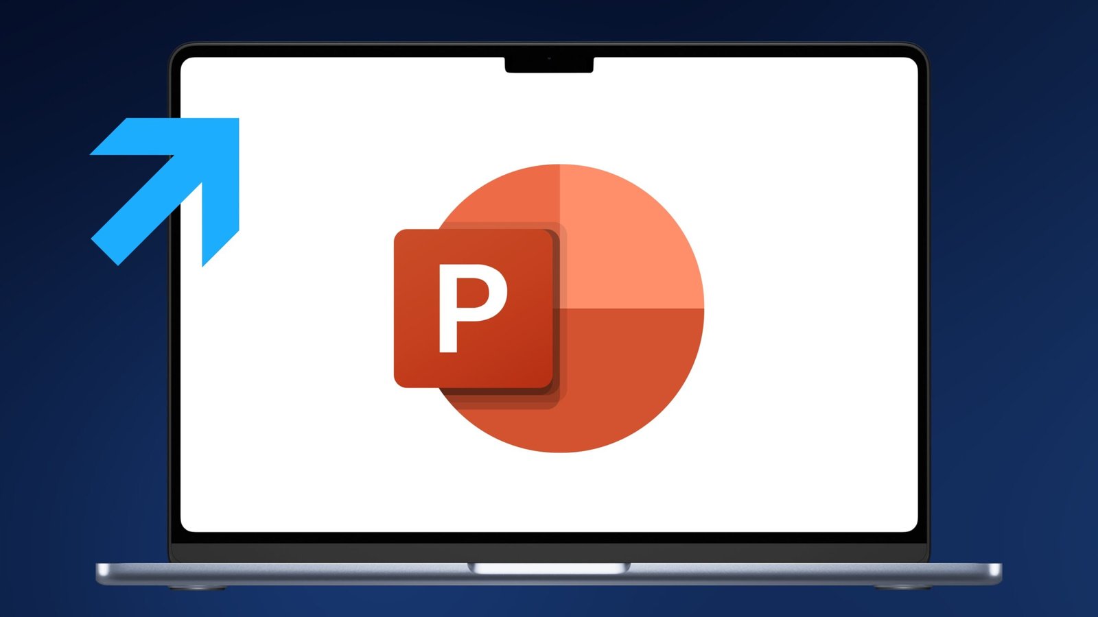 Logo von Microsoft Powerpoint auf einem Macbook und dahinter ein blauer Hintergrund