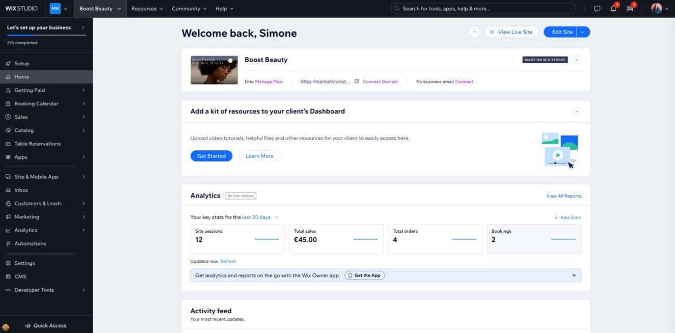 Wix-Dashboard mit allen wichtigen Bereichen des Backends